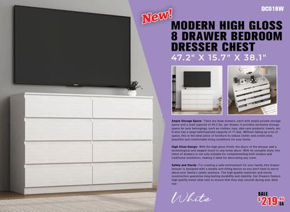 “White high gloss 2-drawer bedroom dresser”

“Black modern drawer chest with glossy finish”

“Modern white storage cabinet in bedroom setting”

“High gloss 8-drawer dresser for large storage”

“Contemporary white and black dressers for bedrooms”

