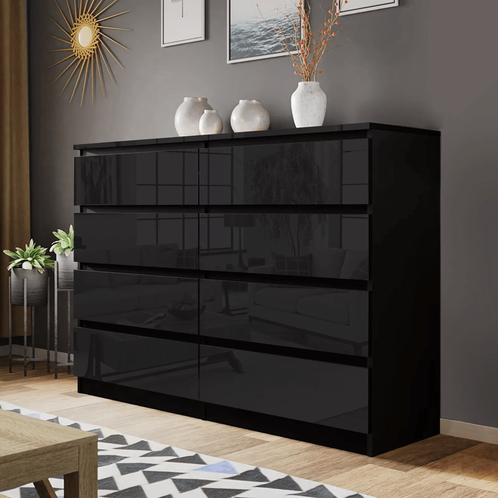 “White high gloss 2-drawer bedroom dresser”

“Black modern drawer chest with glossy finish”

“Modern white storage cabinet in bedroom setting”

“High gloss 8-drawer dresser for large storage”

“Contemporary white and black dressers for bedrooms”

