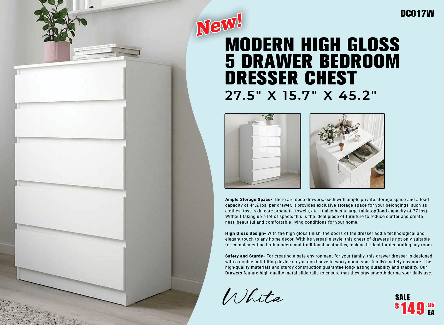 “White high gloss 2-drawer bedroom dresser”

“Black modern drawer chest with glossy finish”

“Modern white storage cabinet in bedroom setting”

“High gloss 8-drawer dresser for large storage”

“Contemporary white and black dressers for bedrooms”

