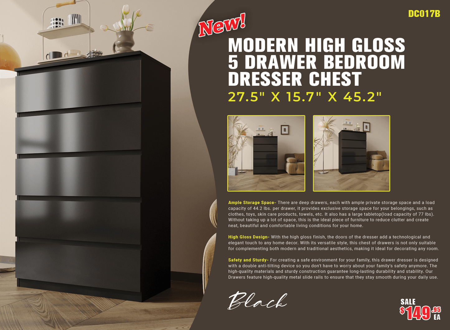 “White high gloss 2-drawer bedroom dresser”

“Black modern drawer chest with glossy finish”

“Modern white storage cabinet in bedroom setting”

“High gloss 8-drawer dresser for large storage”

“Contemporary white and black dressers for bedrooms”

