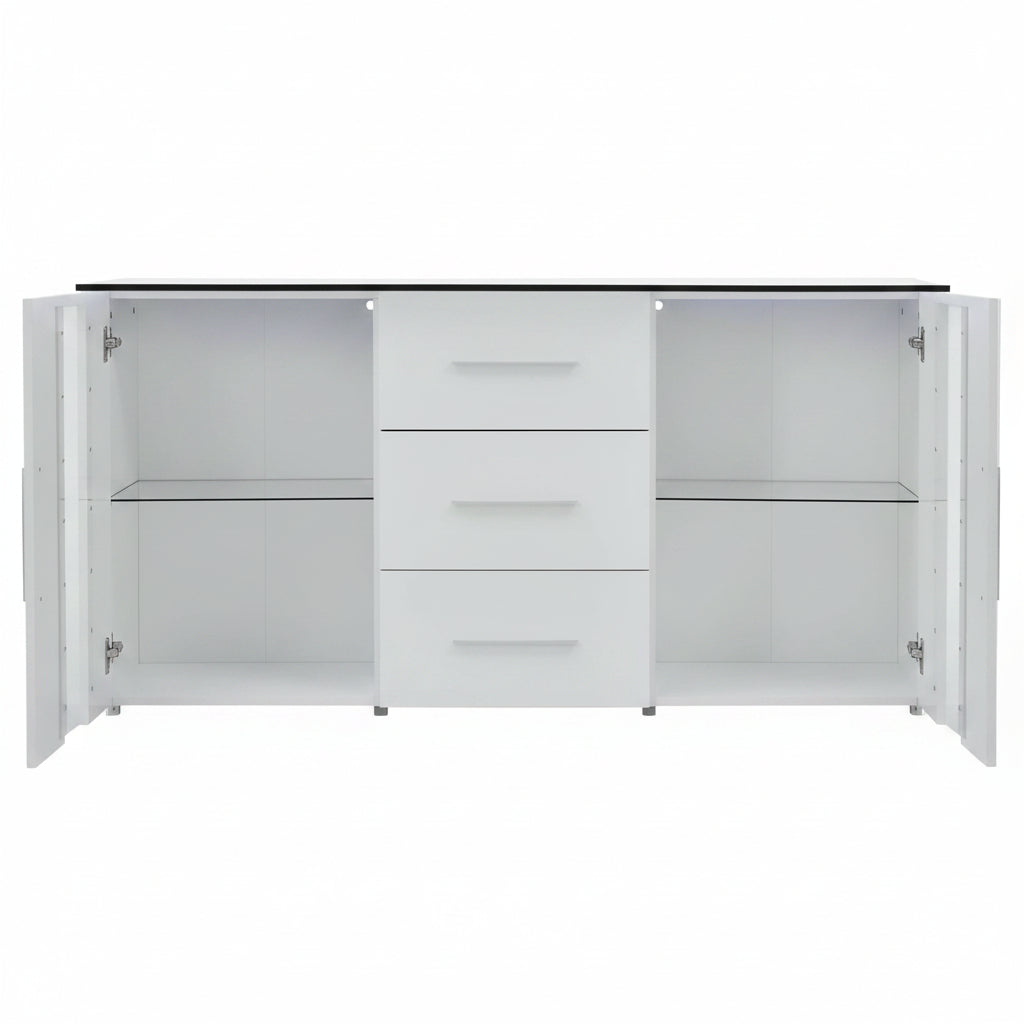 Black high gloss LED TV cabinet in living room setup
White buffet sideboard with drawers and LED lights
Modern entertainment unit with glass shelving and TV
LED color lighting demo of high gloss sideboard
Back view of storage cabinet setup
Removable center shelf in TV cabinet
Interior drawer and shelving details