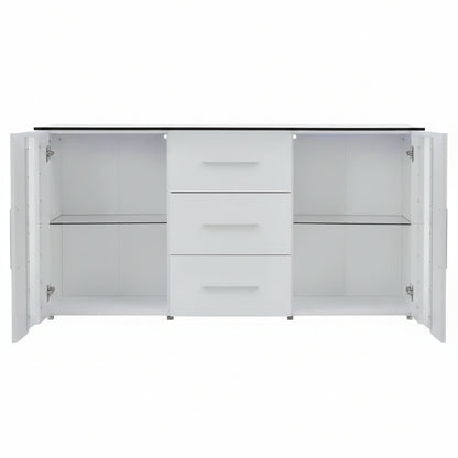 Black high gloss LED TV cabinet in living room setup
White buffet sideboard with drawers and LED lights
Modern entertainment unit with glass shelving and TV
LED color lighting demo of high gloss sideboard
Back view of storage cabinet setup
Removable center shelf in TV cabinet
Interior drawer and shelving details