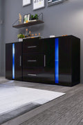 Black high gloss LED TV cabinet in living room setup
White buffet sideboard with drawers and LED lights
Modern entertainment unit with glass shelving and TV
LED color lighting demo of high gloss sideboard
Back view of storage cabinet setup
Removable center shelf in TV cabinet
Interior drawer and shelving details