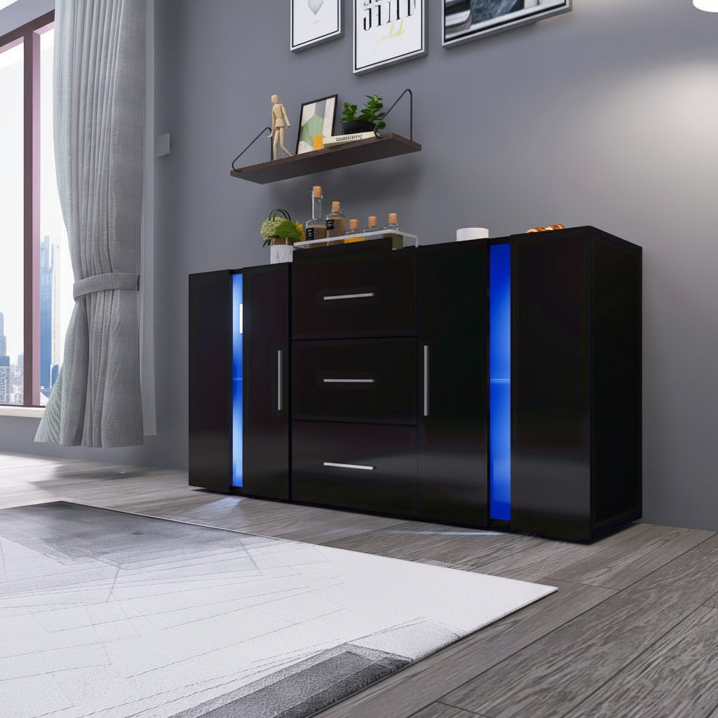 Black high gloss LED TV cabinet in living room setup
White buffet sideboard with drawers and LED lights
Modern entertainment unit with glass shelving and TV
LED color lighting demo of high gloss sideboard
Back view of storage cabinet setup
Removable center shelf in TV cabinet
Interior drawer and shelving details