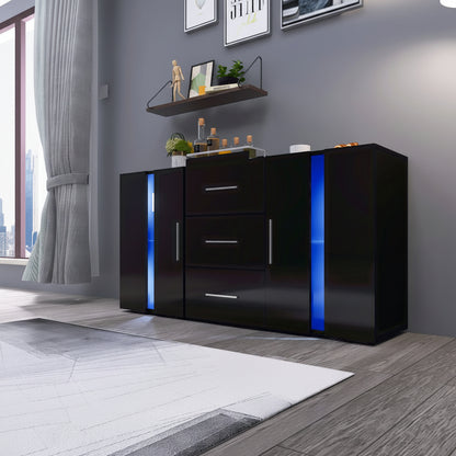 Black high gloss LED TV cabinet in living room setup
White buffet sideboard with drawers and LED lights
Modern entertainment unit with glass shelving and TV
LED color lighting demo of high gloss sideboard
Back view of storage cabinet setup
Removable center shelf in TV cabinet
Interior drawer and shelving details