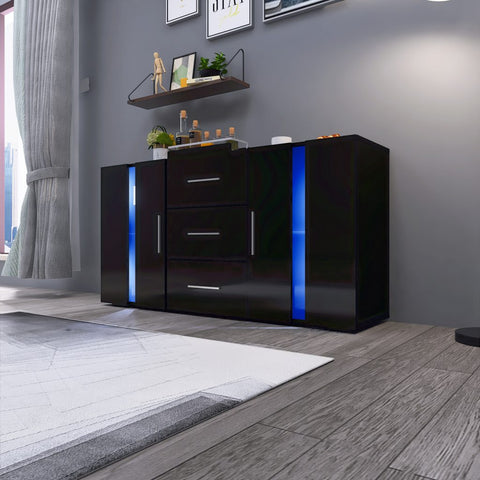 Black high gloss LED TV cabinet in living room setup
White buffet sideboard with drawers and LED lights
Modern entertainment unit with glass shelving and TV
LED color lighting demo of high gloss sideboard
Back view of storage cabinet setup
Removable center shelf in TV cabinet
Interior drawer and shelving details