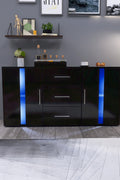 Black high gloss LED TV cabinet in living room setup
White buffet sideboard with drawers and LED lights
Modern entertainment unit with glass shelving and TV
LED color lighting demo of high gloss sideboard
Back view of storage cabinet setup
Removable center shelf in TV cabinet
Interior drawer and shelving details