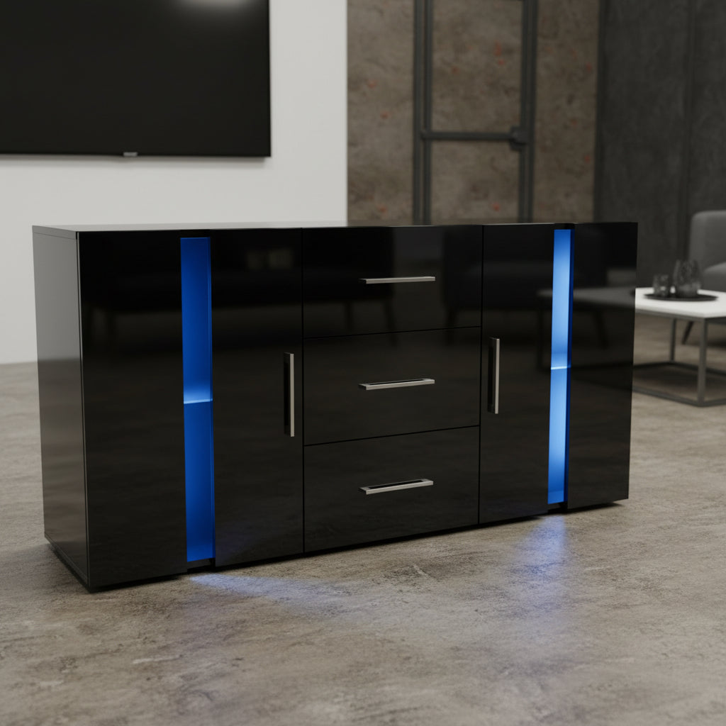 Black high gloss LED TV cabinet in living room setup
White buffet sideboard with drawers and LED lights
Modern entertainment unit with glass shelving and TV
LED color lighting demo of high gloss sideboard
Back view of storage cabinet setup
Removable center shelf in TV cabinet
Interior drawer and shelving details