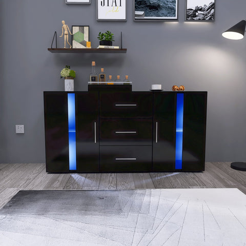 Black high gloss LED TV cabinet in living room setup
White buffet sideboard with drawers and LED lights
Modern entertainment unit with glass shelving and TV
LED color lighting demo of high gloss sideboard
Back view of storage cabinet setup
Removable center shelf in TV cabinet
Interior drawer and shelving details