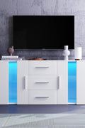 Black high gloss LED TV cabinet in living room setup
White buffet sideboard with drawers and LED lights
Modern entertainment unit with glass shelving and TV
LED color lighting demo of high gloss sideboard
Back view of storage cabinet setup
Removable center shelf in TV cabinet
Interior drawer and shelving details