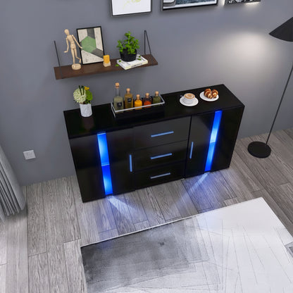 Black high gloss LED TV cabinet in living room setup
White buffet sideboard with drawers and LED lights
Modern entertainment unit with glass shelving and TV
LED color lighting demo of high gloss sideboard
Back view of storage cabinet setup
Removable center shelf in TV cabinet
Interior drawer and shelving details