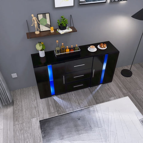 Black high gloss LED TV cabinet in living room setup
White buffet sideboard with drawers and LED lights
Modern entertainment unit with glass shelving and TV
LED color lighting demo of high gloss sideboard
Back view of storage cabinet setup
Removable center shelf in TV cabinet
Interior drawer and shelving details