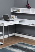 "Modern L-shaped home office desk with wood grain finish"

"Corner workstation desk with metal frame and storage shelves"

"White modern L-shaped computer desk for home office"

"Spacious workstation setup with storage shelving"

"Home office desk with wood grain surface and black frame"