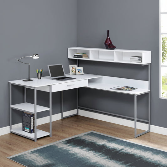 "Modern L-shaped home office desk with wood grain finish"

"Corner workstation desk with metal frame and storage shelves"

"White modern L-shaped computer desk for home office"

"Spacious workstation setup with storage shelving"

"Home office desk with wood grain surface and black frame"