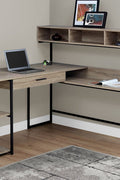 "Modern L-shaped home office desk with wood grain finish"

"Corner workstation desk with metal frame and storage shelves"

"White modern L-shaped computer desk for home office"

"Spacious workstation setup with storage shelving"

"Home office desk with wood grain surface and black frame"