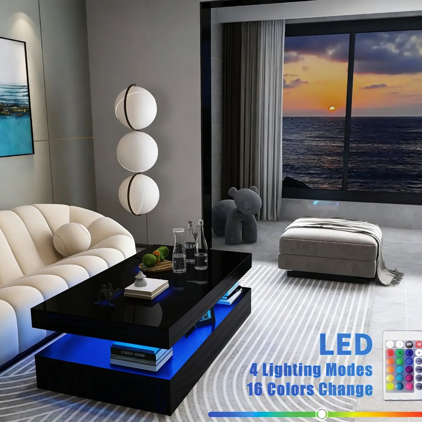 New Modern LED Coffee Table – 2 - Tier High Gloss with Remote Control RGB Lights | Model 113224 - Furniture with White | Sold by Uncle Wiener's Wholesale