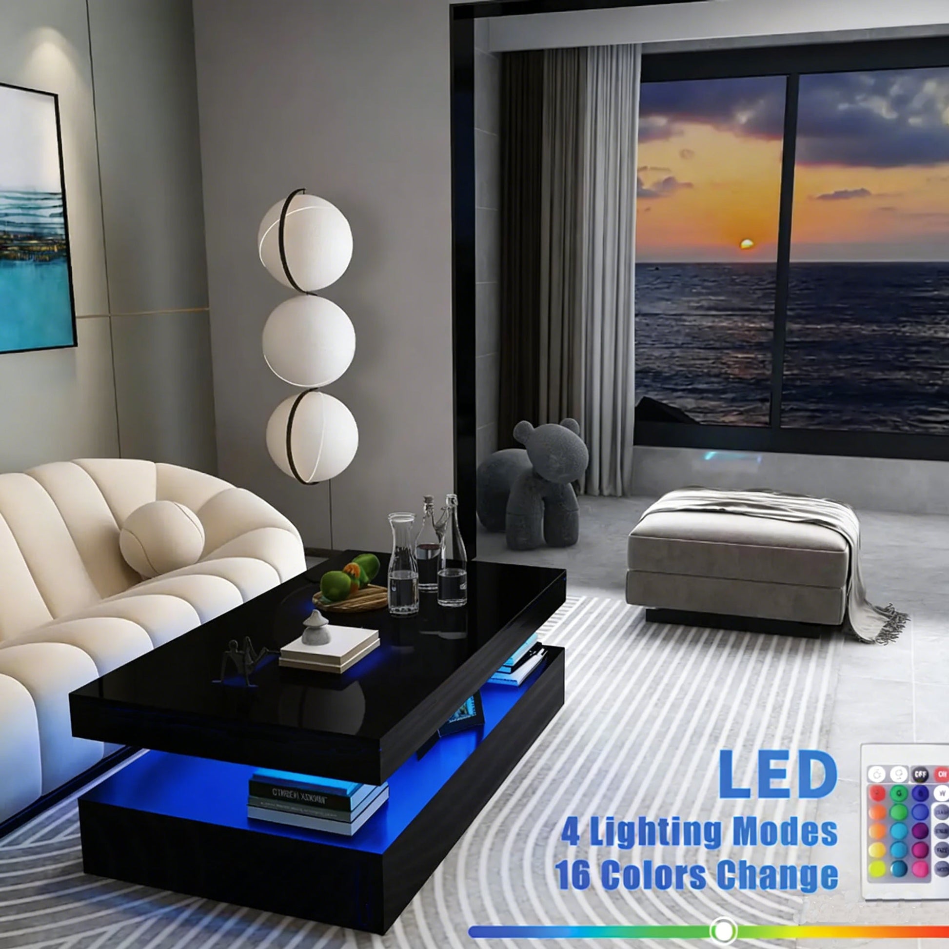 New Modern LED Coffee Table – 2 - Tier High Gloss with Remote Control RGB Lights | Model 113224 - Furniture with White | Sold by Uncle Wiener's Wholesale