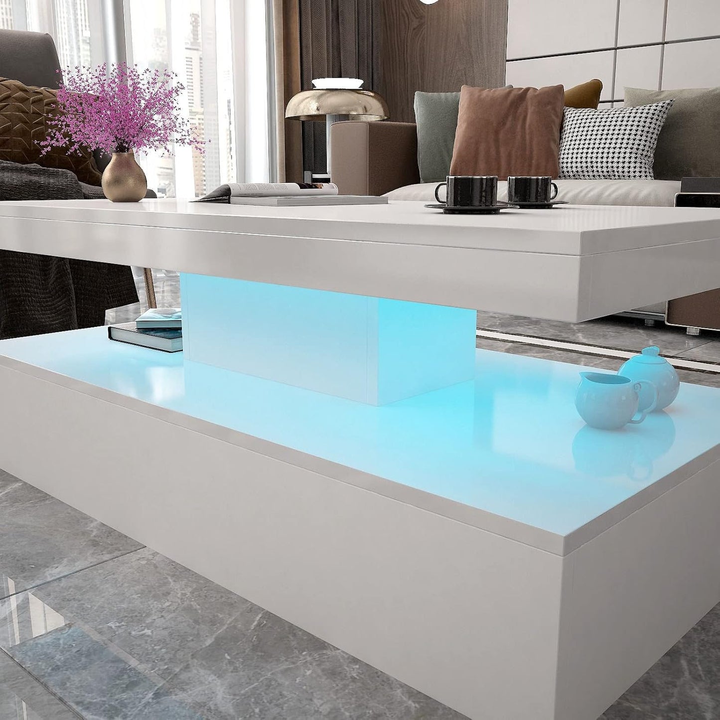 White modern LED coffee table with RGB lights in living room
2-tier high gloss coffee table with remote and colorful lighting
RGB LED coffee table illuminated with 16 color options
Contemporary LED coffee table with under-shelf storage
Stylish white LED light coffee table for modern interiors