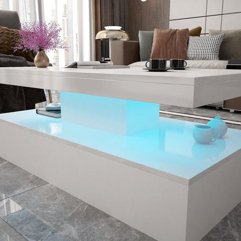 White modern LED coffee table with RGB lights in living room
2-tier high gloss coffee table with remote and colorful lighting
RGB LED coffee table illuminated with 16 color options
Contemporary LED coffee table with under-shelf storage
Stylish white LED light coffee table for modern interiors