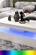 White modern LED coffee table with RGB lights in living room
2-tier high gloss coffee table with remote and colorful lighting
RGB LED coffee table illuminated with 16 color options
Contemporary LED coffee table with under-shelf storage
Stylish white LED light coffee table for modern interiors