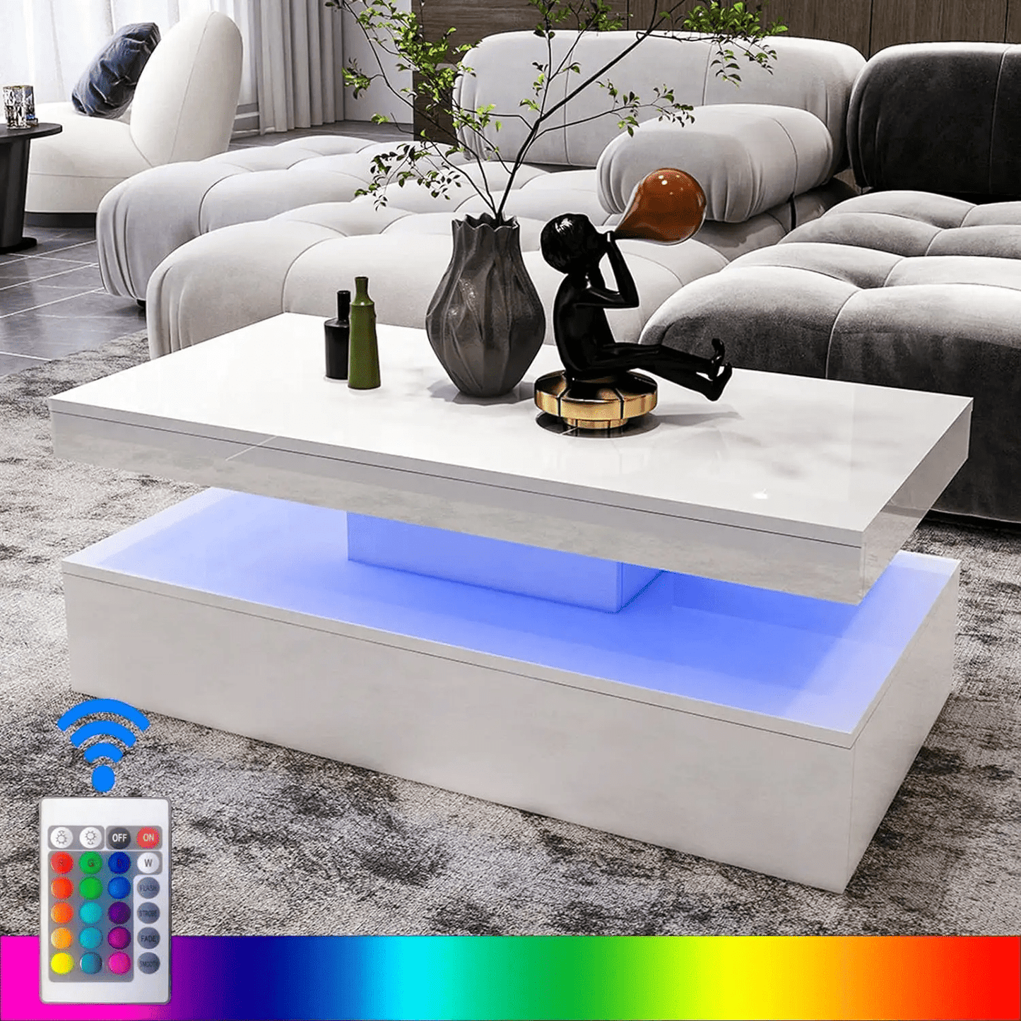 White modern LED coffee table with RGB lights in living room
2-tier high gloss coffee table with remote and colorful lighting
RGB LED coffee table illuminated with 16 color options
Contemporary LED coffee table with under-shelf storage
Stylish white LED light coffee table for modern interiors