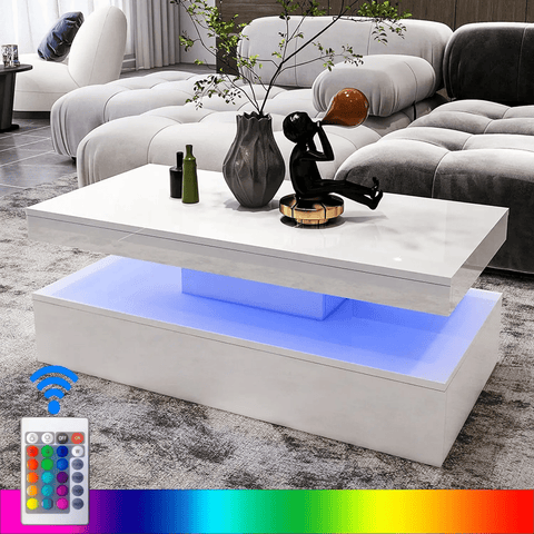 White modern LED coffee table with RGB lights in living room
2-tier high gloss coffee table with remote and colorful lighting
RGB LED coffee table illuminated with 16 color options
Contemporary LED coffee table with under-shelf storage
Stylish white LED light coffee table for modern interiors