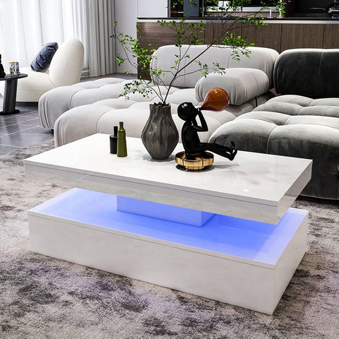 White modern LED coffee table with RGB lights in living room
2-tier high gloss coffee table with remote and colorful lighting
RGB LED coffee table illuminated with 16 color options
Contemporary LED coffee table with under-shelf storage
Stylish white LED light coffee table for modern interiors