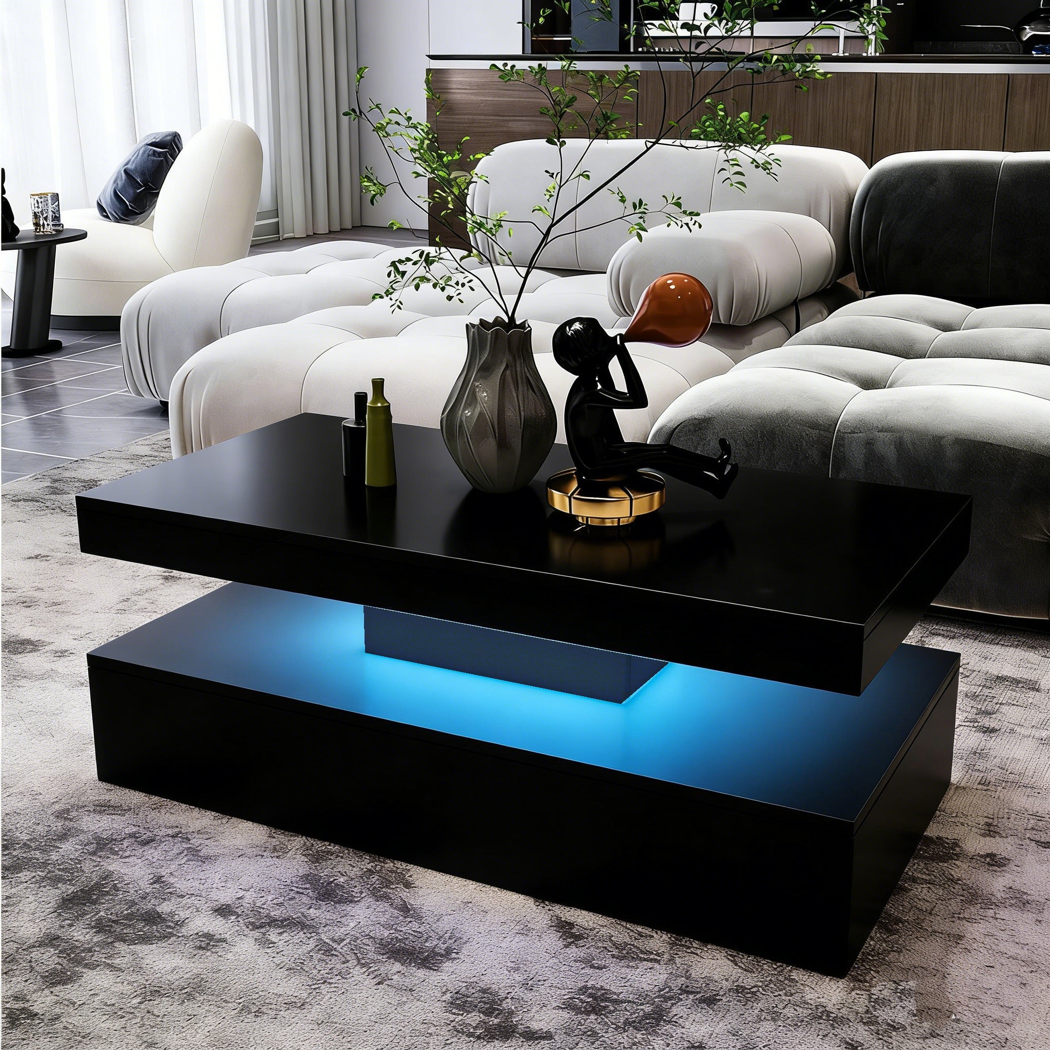 New Modern LED Coffee Table – 2 - Tier High Gloss with Remote Control RGB Lights | Model 113224 - Furniture with Black | Sold by Uncle Wiener's Wholesale