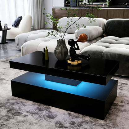 New Modern LED Coffee Table – 2 - Tier High Gloss with Remote Control RGB Lights | Model 113224 - Furniture with Black | Sold by Uncle Wiener's Wholesale