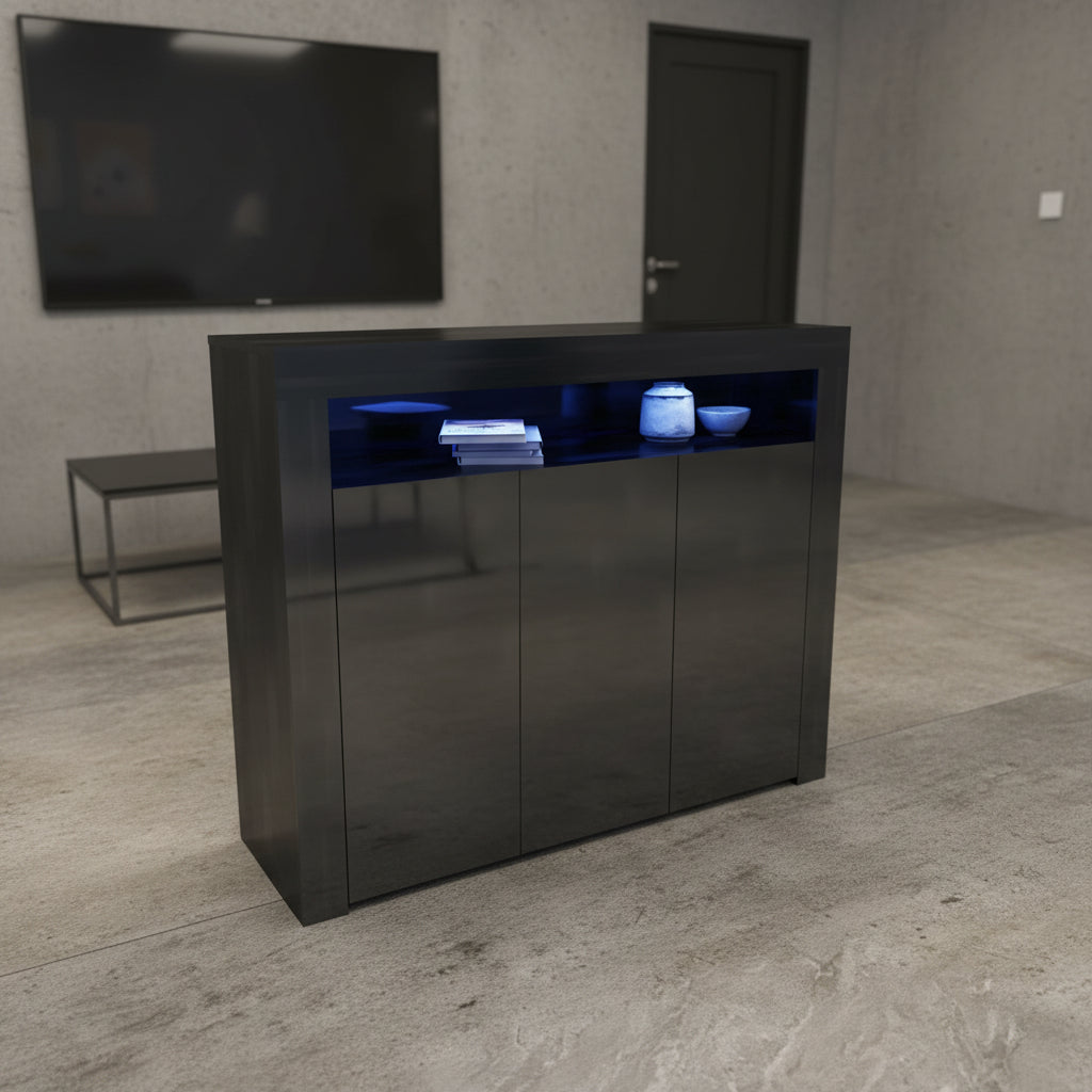 Black LED gloss sideboard in living room with lights on
White gloss LED storage cabinet with soft glow
Close-up of cabinet doors with glossy finish
Side angle showing multicolor LED lighting
Living room setup with LED sideboard beneath TV
White version styled in modern kitchen