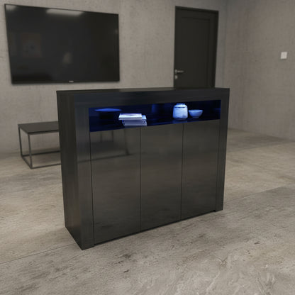 Black LED gloss sideboard in living room with lights on
White gloss LED storage cabinet with soft glow
Close-up of cabinet doors with glossy finish
Side angle showing multicolor LED lighting
Living room setup with LED sideboard beneath TV
White version styled in modern kitchen