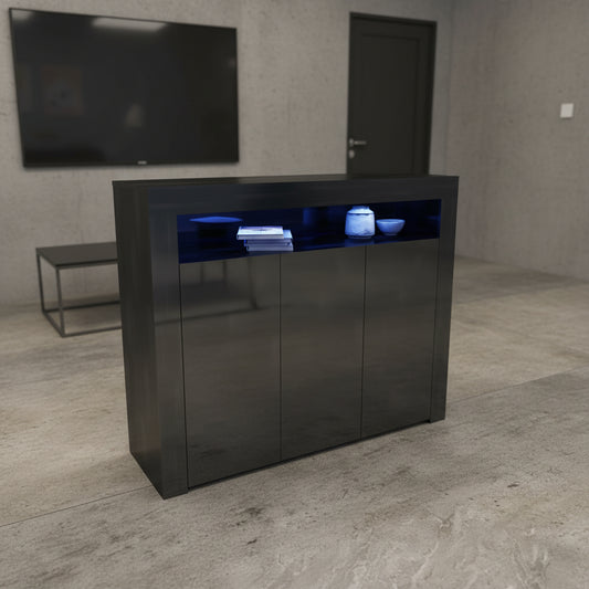 Black LED gloss sideboard in living room with lights on
White gloss LED storage cabinet with soft glow
Close-up of cabinet doors with glossy finish
Side angle showing multicolor LED lighting
Living room setup with LED sideboard beneath TV
White version styled in modern kitchen