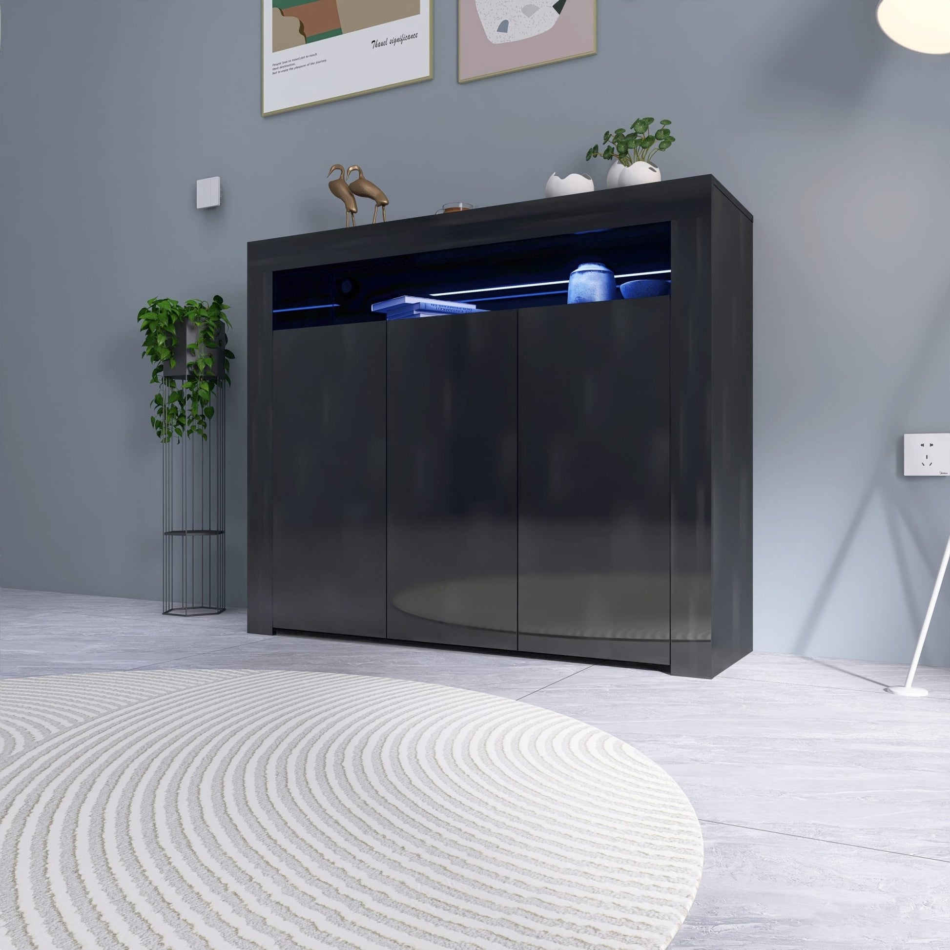 Black LED gloss sideboard in living room with lights on
White gloss LED storage cabinet with soft glow
Close-up of cabinet doors with glossy finish
Side angle showing multicolor LED lighting
Living room setup with LED sideboard beneath TV
White version styled in modern kitchen