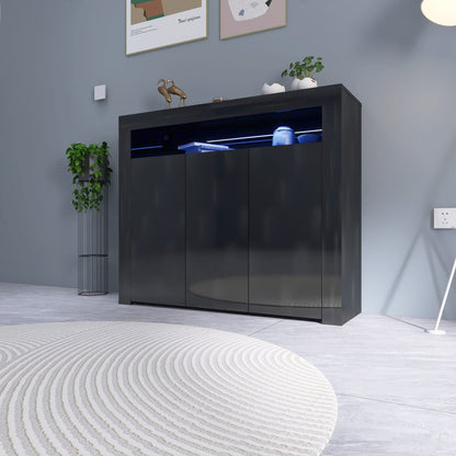 Black LED gloss sideboard in living room with lights on
White gloss LED storage cabinet with soft glow
Close-up of cabinet doors with glossy finish
Side angle showing multicolor LED lighting
Living room setup with LED sideboard beneath TV
White version styled in modern kitchen