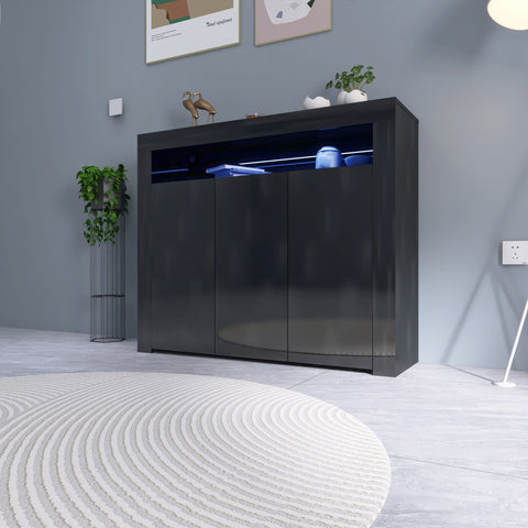 Black LED gloss sideboard in living room with lights on
White gloss LED storage cabinet with soft glow
Close-up of cabinet doors with glossy finish
Side angle showing multicolor LED lighting
Living room setup with LED sideboard beneath TV
White version styled in modern kitchen