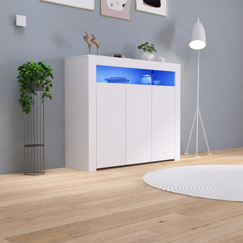 Black LED gloss sideboard in living room with lights on
White gloss LED storage cabinet with soft glow
Close-up of cabinet doors with glossy finish
Side angle showing multicolor LED lighting
Living room setup with LED sideboard beneath TV
White version styled in modern kitchen