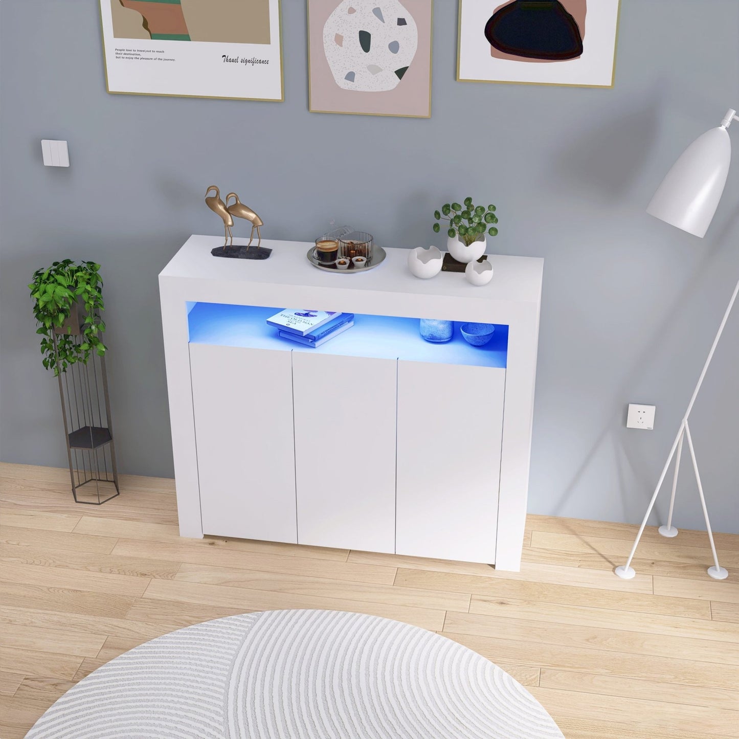 Black LED gloss sideboard in living room with lights on
White gloss LED storage cabinet with soft glow
Close-up of cabinet doors with glossy finish
Side angle showing multicolor LED lighting
Living room setup with LED sideboard beneath TV
White version styled in modern kitchen