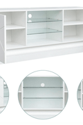 Modern White TV Stand with RGB LED Lights in Living Room

Side View of LED-Lit White TV Console with Glass Doors

Open Storage and Shelving in White TV Stand with Lights

Tempered Glass Media Console with RGB Lighting – TS021W

High Gloss White TV Stand with LED Mood Lighting