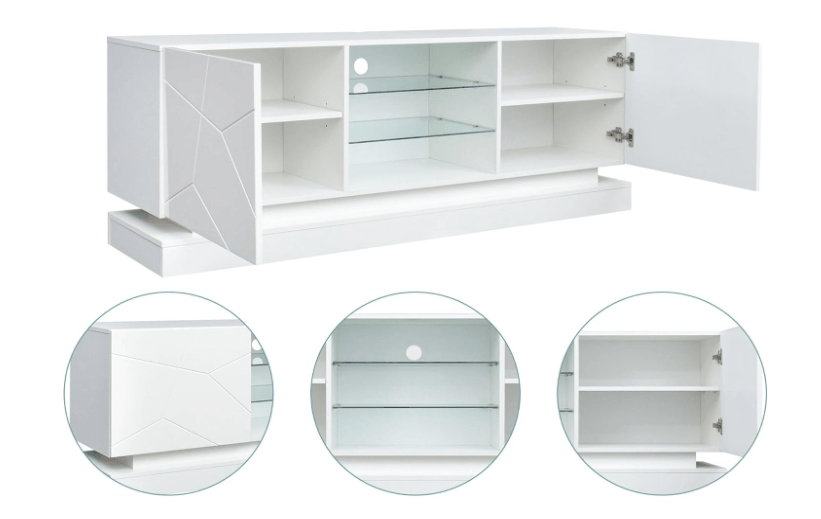 Modern White TV Stand with RGB LED Lights in Living Room

Side View of LED-Lit White TV Console with Glass Doors

Open Storage and Shelving in White TV Stand with Lights

Tempered Glass Media Console with RGB Lighting – TS021W

High Gloss White TV Stand with LED Mood Lighting