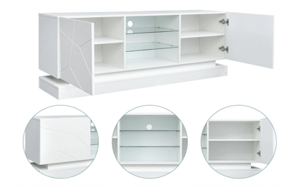 Modern White TV Stand with RGB LED Lights in Living Room

Side View of LED-Lit White TV Console with Glass Doors

Open Storage and Shelving in White TV Stand with Lights

Tempered Glass Media Console with RGB Lighting – TS021W

High Gloss White TV Stand with LED Mood Lighting