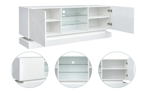 Modern White TV Stand with RGB LED Lights in Living Room

Side View of LED-Lit White TV Console with Glass Doors

Open Storage and Shelving in White TV Stand with Lights

Tempered Glass Media Console with RGB Lighting – TS021W

High Gloss White TV Stand with LED Mood Lighting