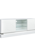 Modern White TV Stand with RGB LED Lights in Living Room

Side View of LED-Lit White TV Console with Glass Doors

Open Storage and Shelving in White TV Stand with Lights

Tempered Glass Media Console with RGB Lighting – TS021W

High Gloss White TV Stand with LED Mood Lighting