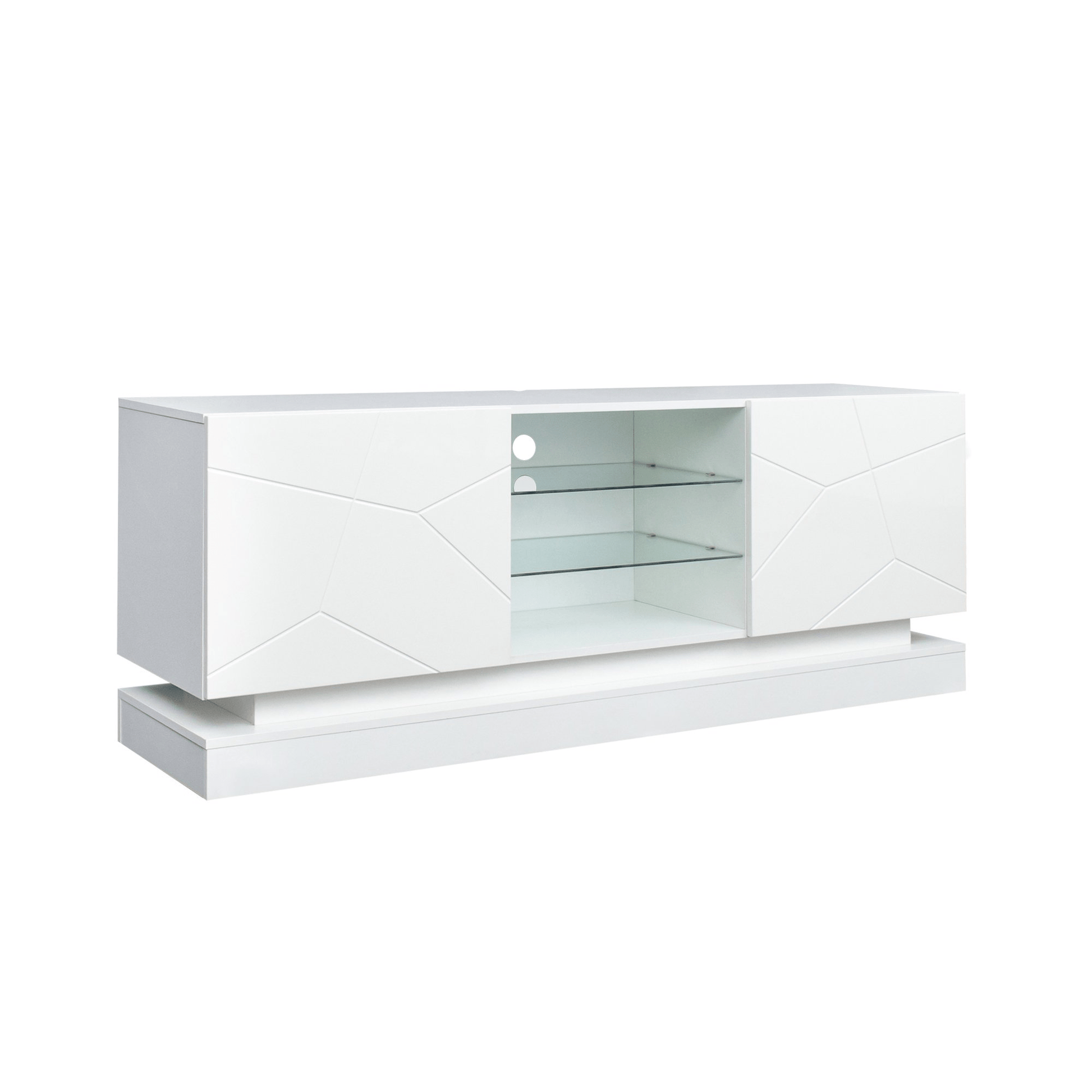 Modern White TV Stand with RGB LED Lights in Living Room

Side View of LED-Lit White TV Console with Glass Doors

Open Storage and Shelving in White TV Stand with Lights

Tempered Glass Media Console with RGB Lighting – TS021W

High Gloss White TV Stand with LED Mood Lighting