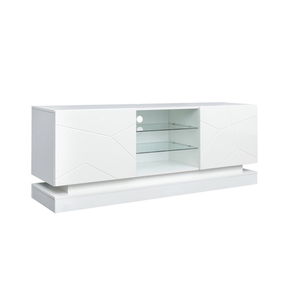 Modern White TV Stand with RGB LED Lights in Living Room

Side View of LED-Lit White TV Console with Glass Doors

Open Storage and Shelving in White TV Stand with Lights

Tempered Glass Media Console with RGB Lighting – TS021W

High Gloss White TV Stand with LED Mood Lighting