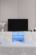 Modern White TV Stand with RGB LED Lights in Living Room

Side View of LED-Lit White TV Console with Glass Doors

Open Storage and Shelving in White TV Stand with Lights

Tempered Glass Media Console with RGB Lighting – TS021W

High Gloss White TV Stand with LED Mood Lighting