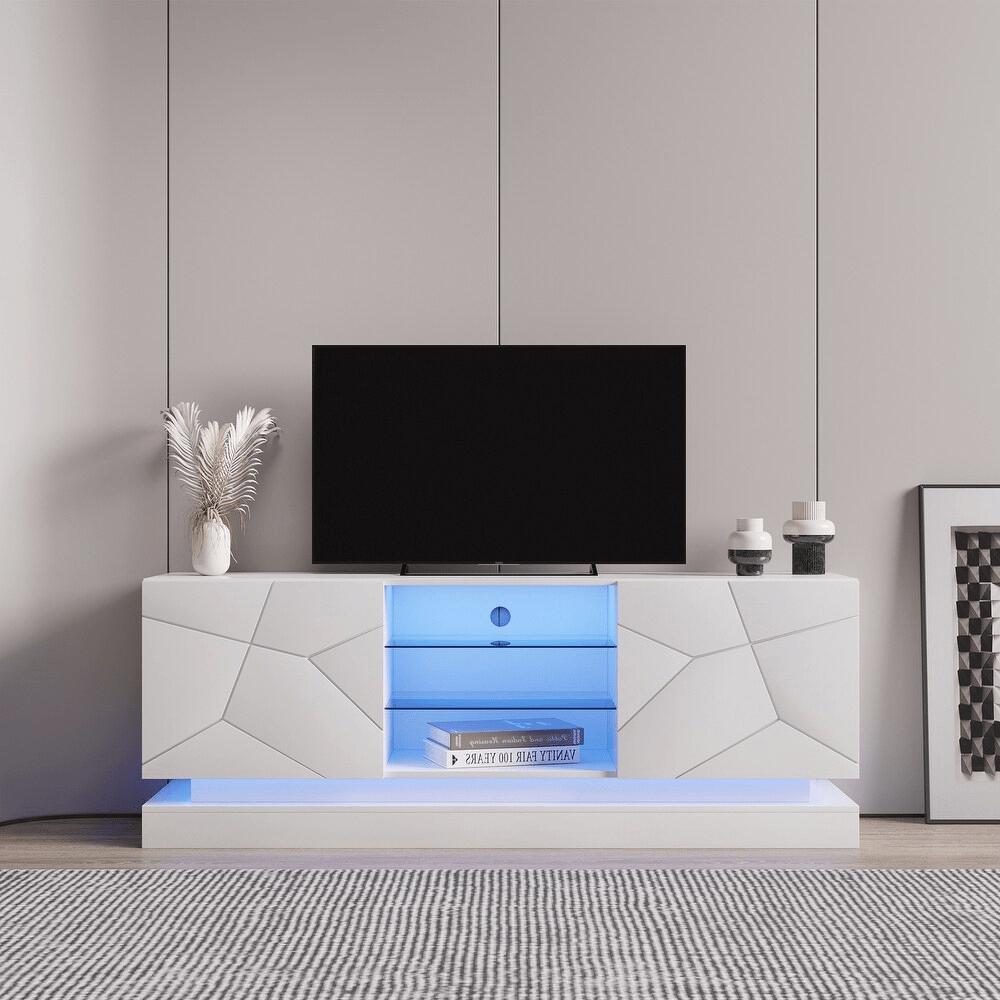 Modern White TV Stand with RGB LED Lights in Living Room

Side View of LED-Lit White TV Console with Glass Doors

Open Storage and Shelving in White TV Stand with Lights

Tempered Glass Media Console with RGB Lighting – TS021W

High Gloss White TV Stand with LED Mood Lighting