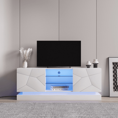 Modern White TV Stand with RGB LED Lights in Living Room

Side View of LED-Lit White TV Console with Glass Doors

Open Storage and Shelving in White TV Stand with Lights

Tempered Glass Media Console with RGB Lighting – TS021W

High Gloss White TV Stand with LED Mood Lighting