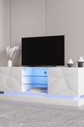 Modern White TV Stand with RGB LED Lights in Living Room

Side View of LED-Lit White TV Console with Glass Doors

Open Storage and Shelving in White TV Stand with Lights

Tempered Glass Media Console with RGB Lighting – TS021W

High Gloss White TV Stand with LED Mood Lighting