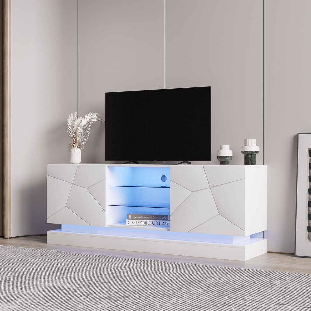 Modern White TV Stand with RGB LED Lights in Living Room

Side View of LED-Lit White TV Console with Glass Doors

Open Storage and Shelving in White TV Stand with Lights

Tempered Glass Media Console with RGB Lighting – TS021W

High Gloss White TV Stand with LED Mood Lighting