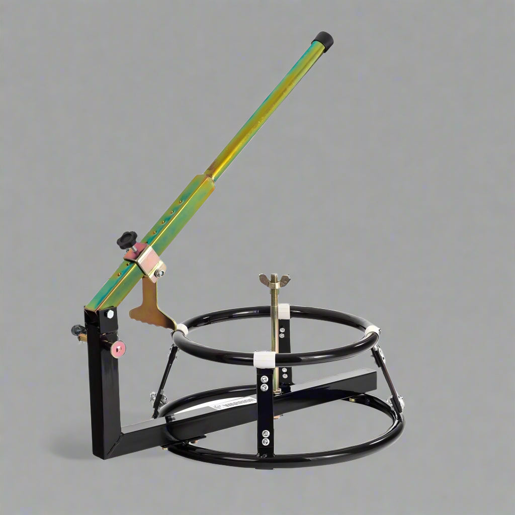 Heavy-duty bead breaker tool mounted on compact tire changer frame

